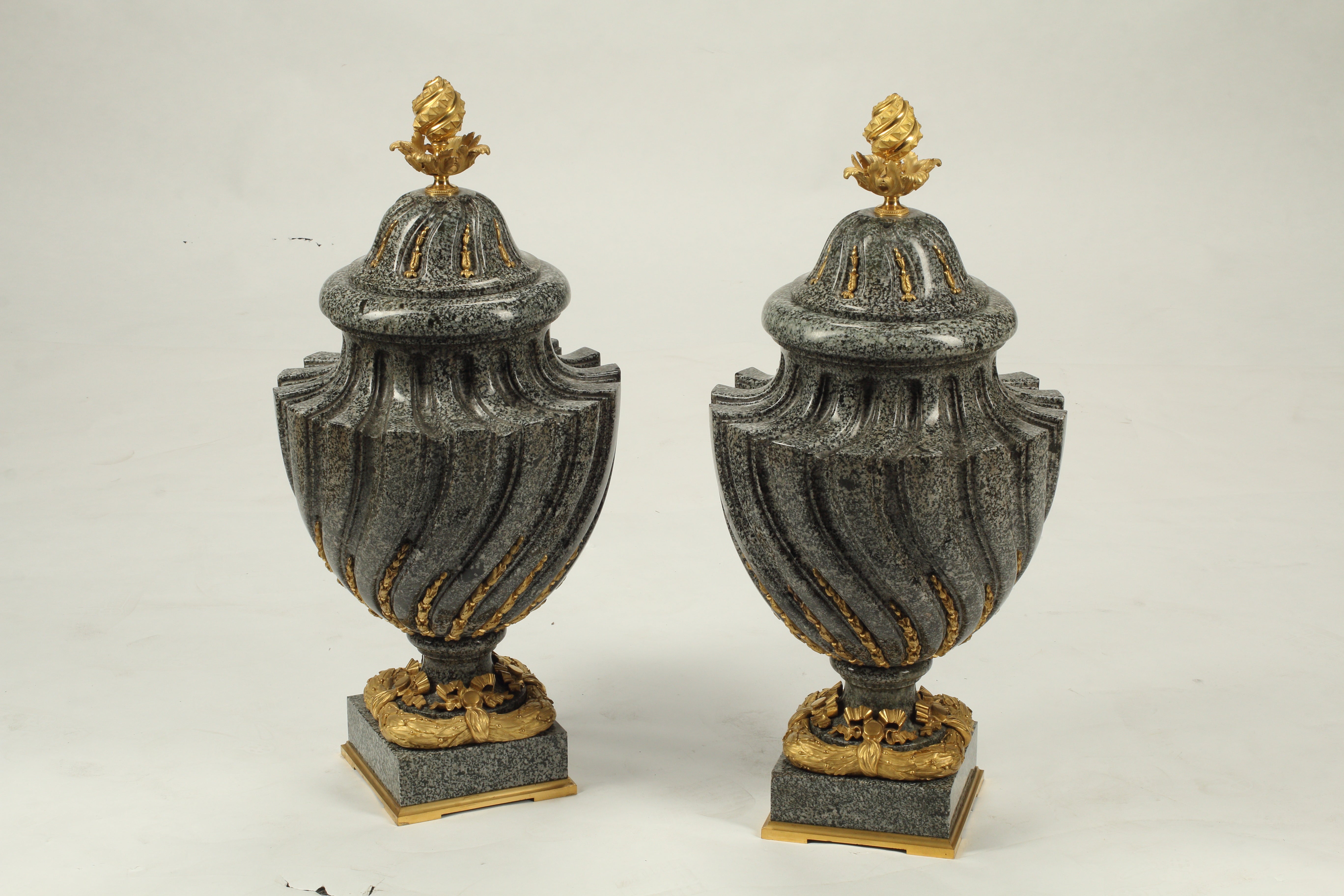 Pair of Granite Urns with Gilt Bronze Mounts, 19th Century French