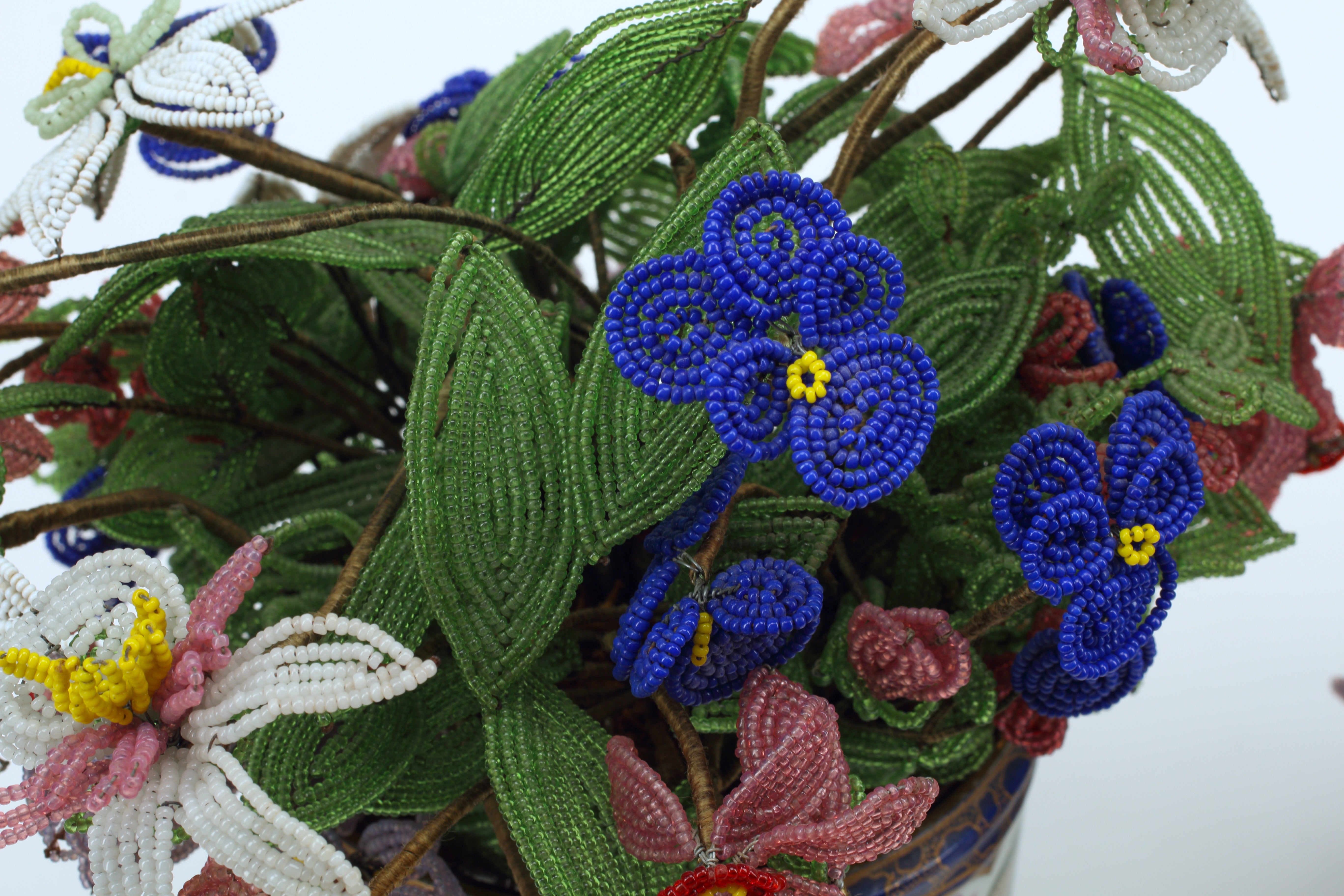Pair of Sèvres Porcelain Planters with Beaded Floral Bouquet, 19th Century French