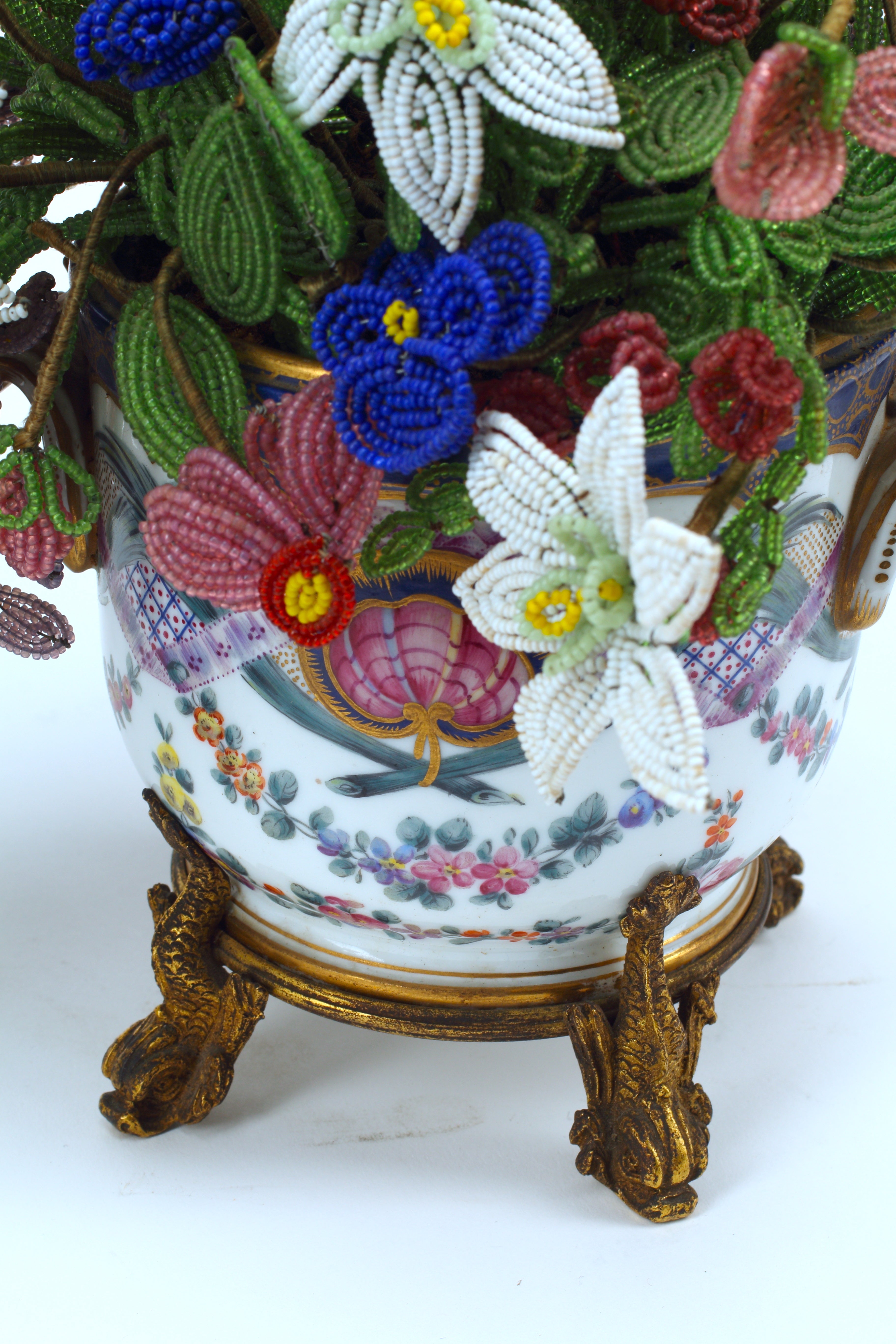 Pair of Sèvres Porcelain Planters with Beaded Floral Bouquet, 19th Century French