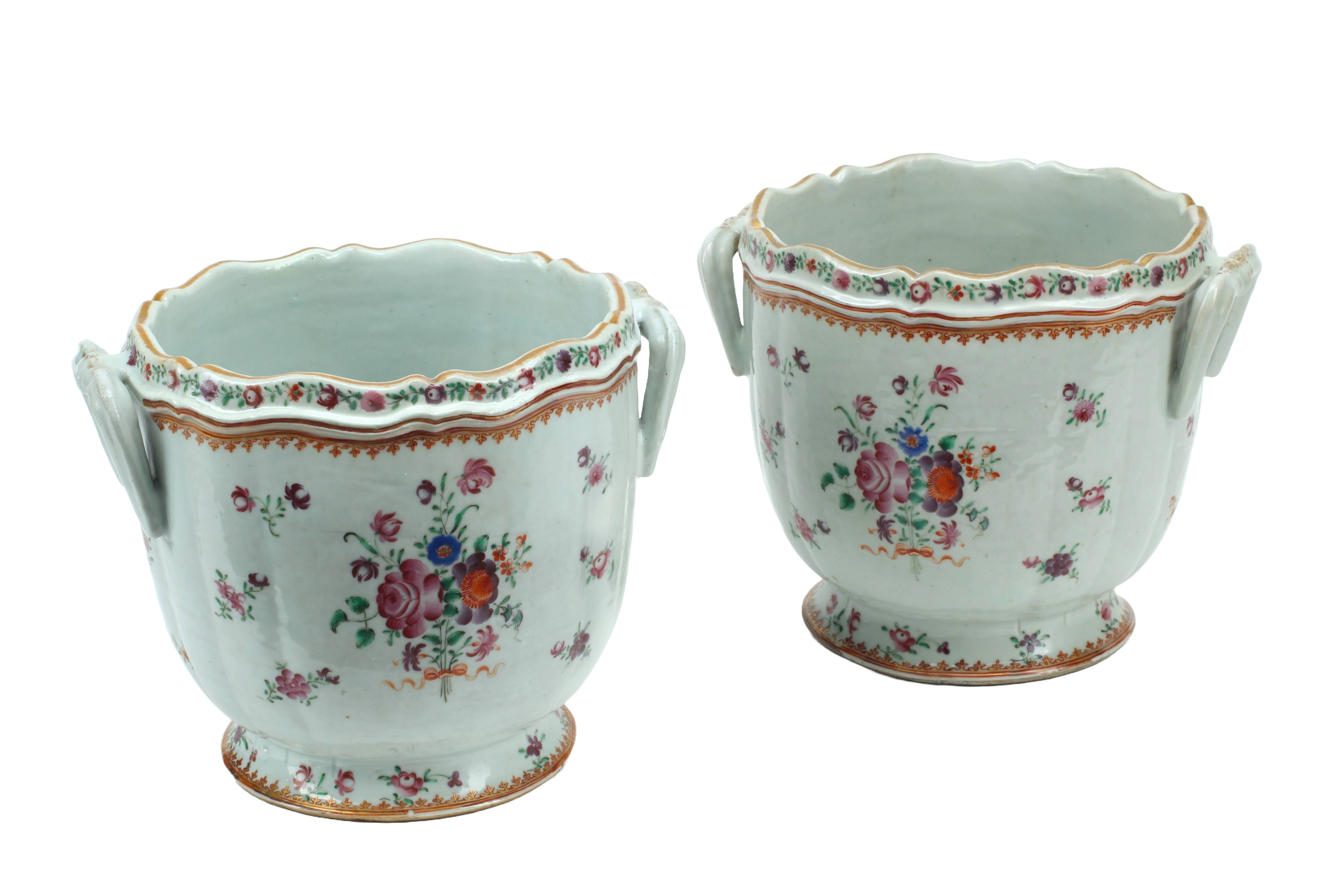 Pair of Chinese Export Polychrome Porcelain Cachepots, 18th Century