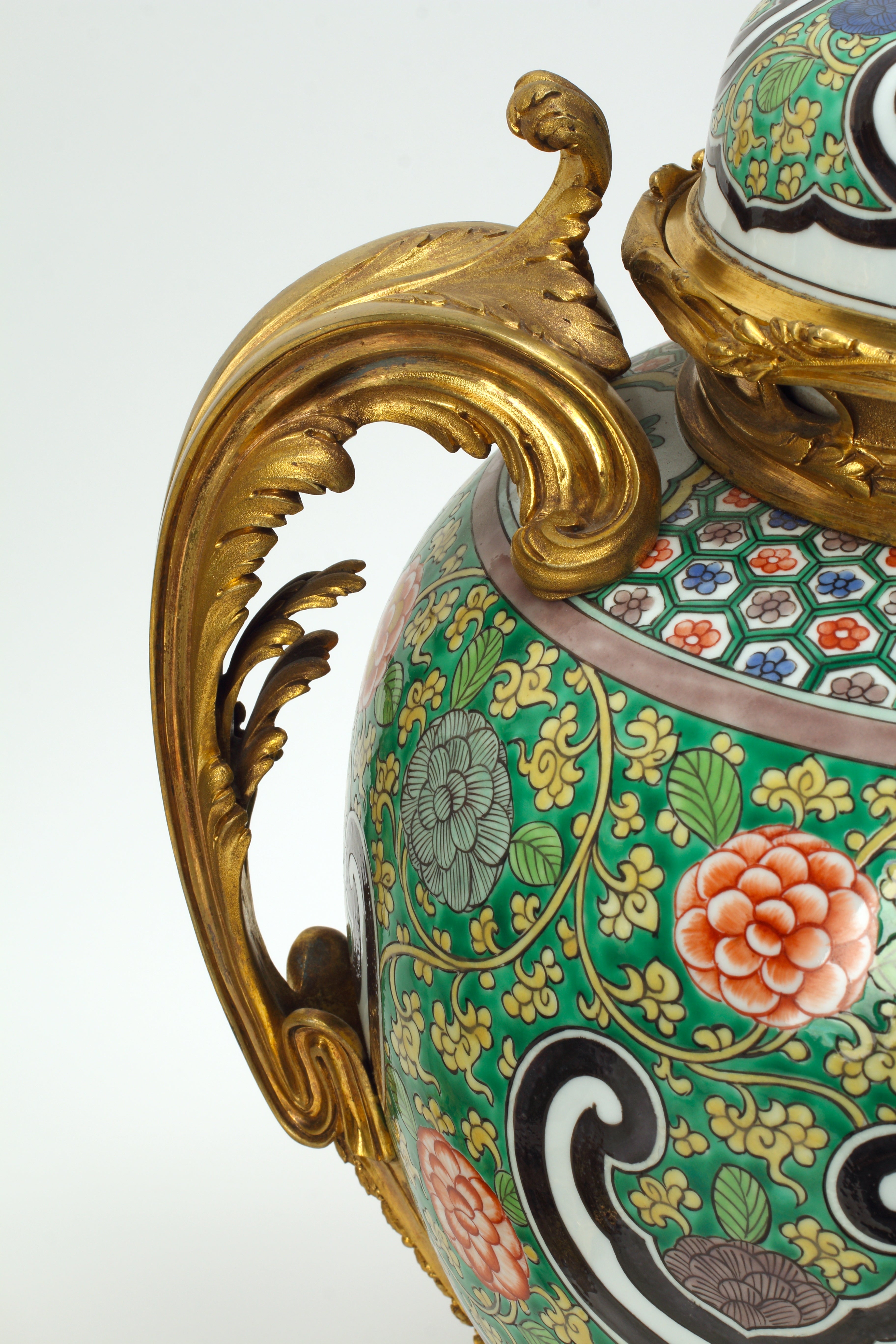 Pair of Samson Porcelain Urns with Ormolu Mounts, 19th Century French