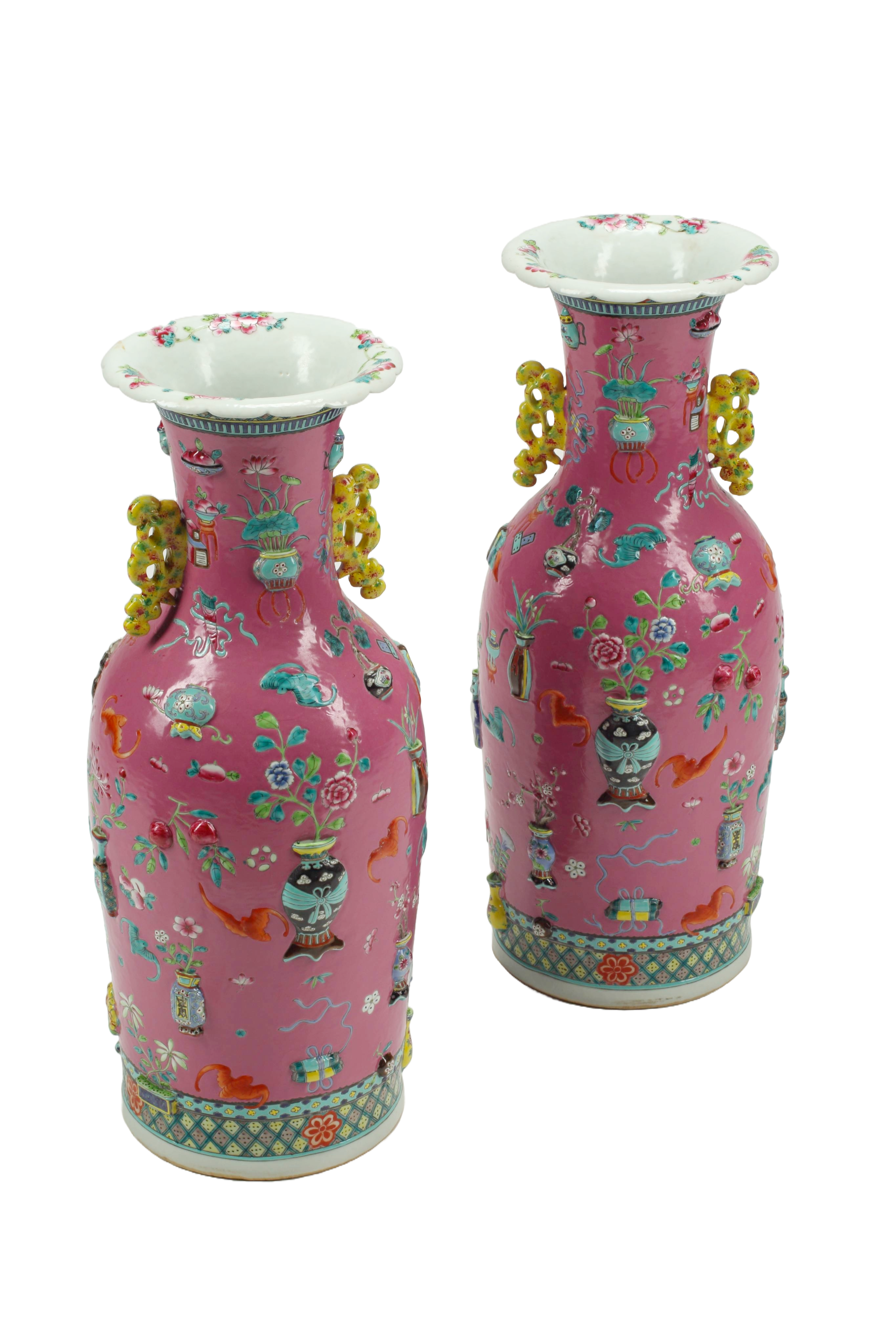 Pair of Pink Chinese Polychrome and Overlaid Porcelain Vases