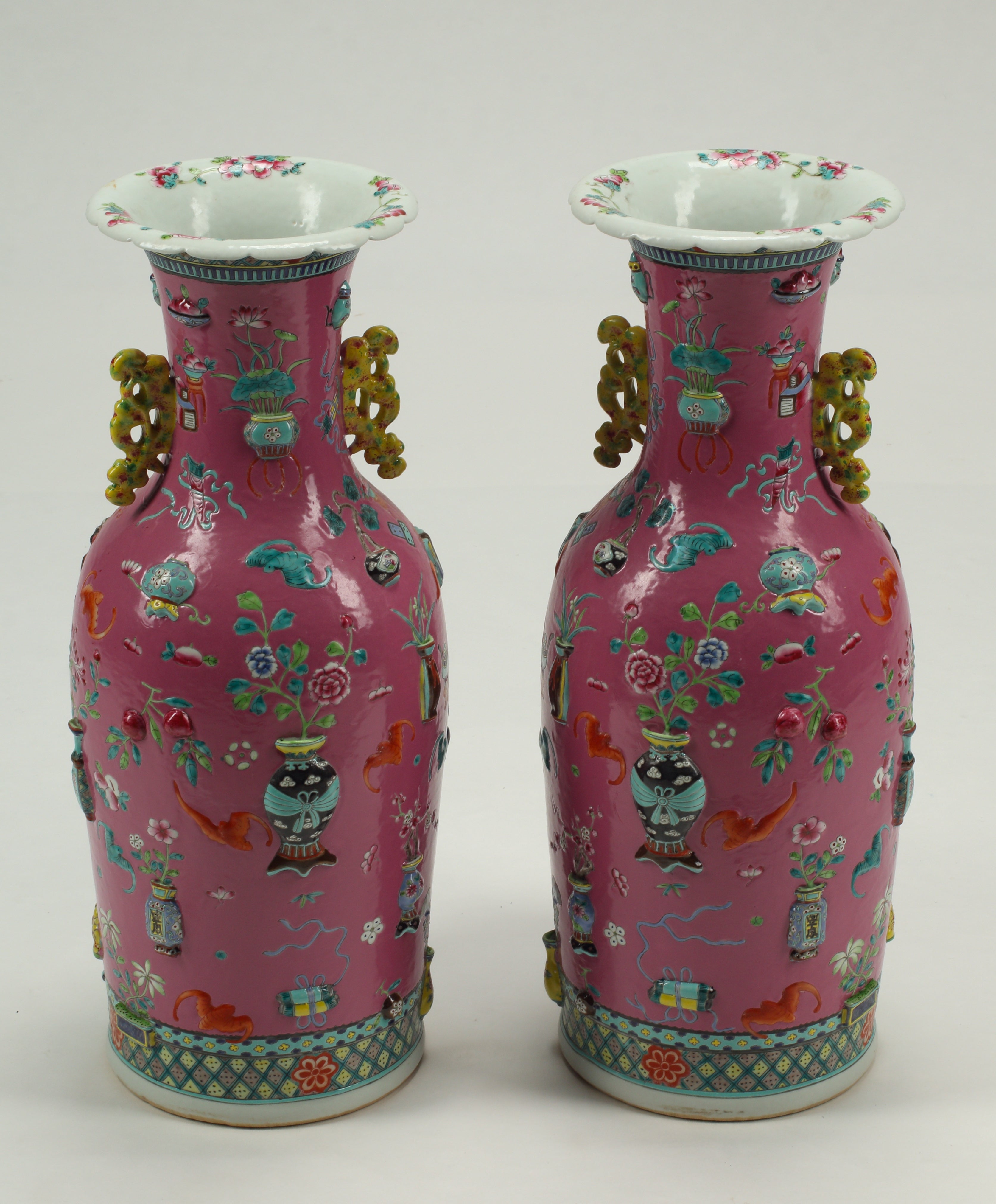 Pair of Pink Chinese Polychrome and Overlaid Porcelain Vases
