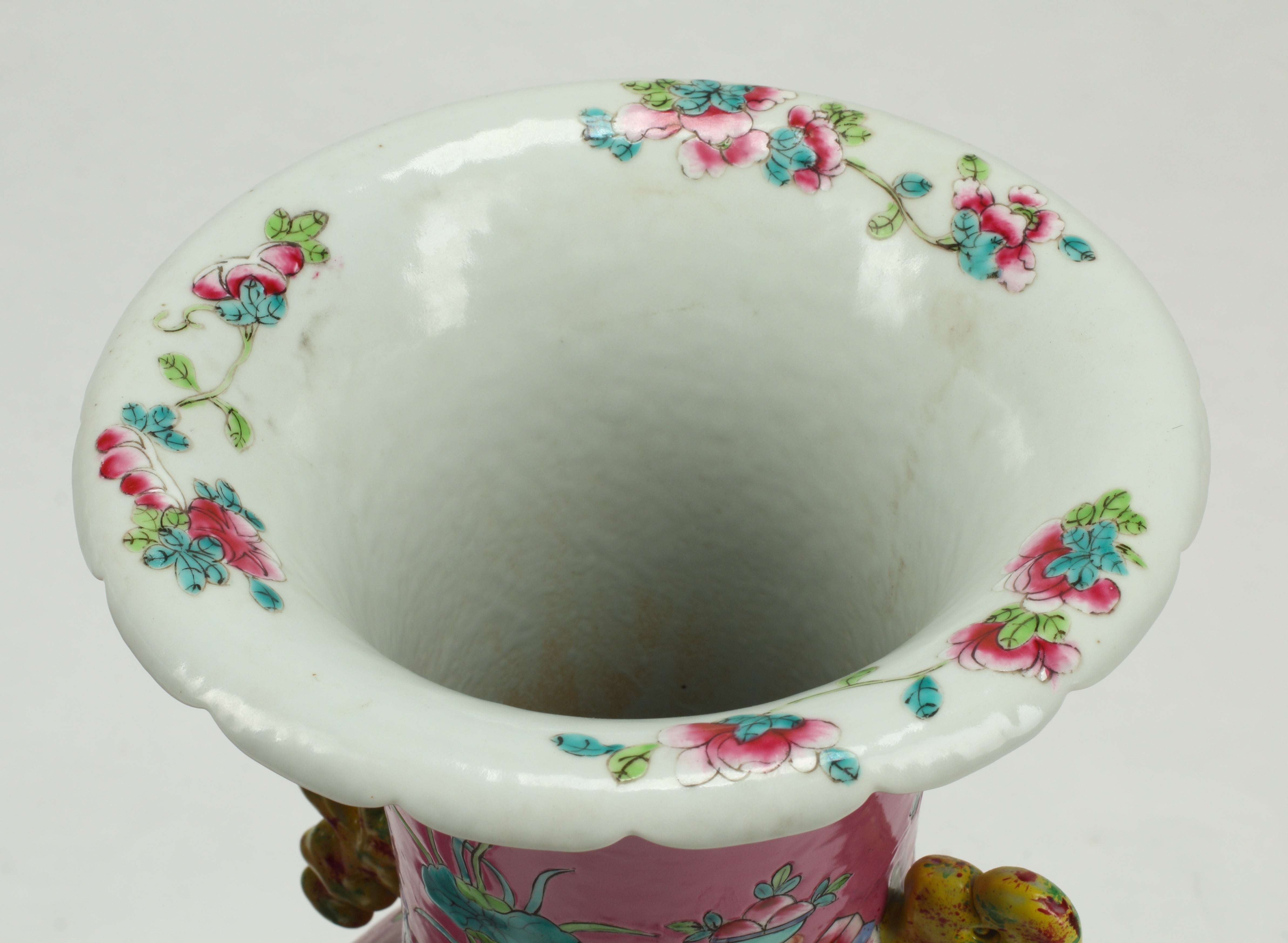 Pair of Pink Chinese Polychrome and Overlaid Porcelain Vases