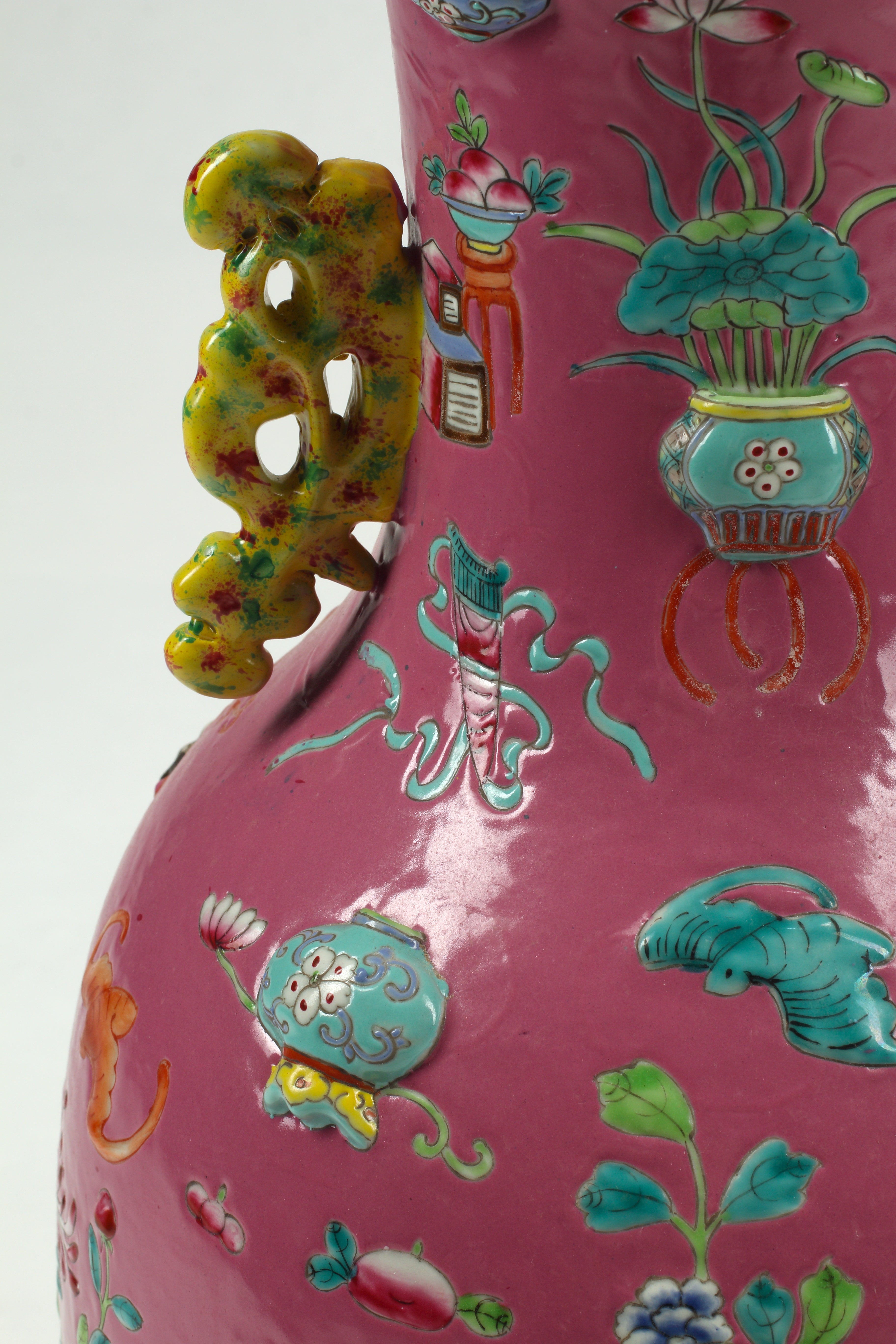 Pair of Pink Chinese Polychrome and Overlaid Porcelain Vases