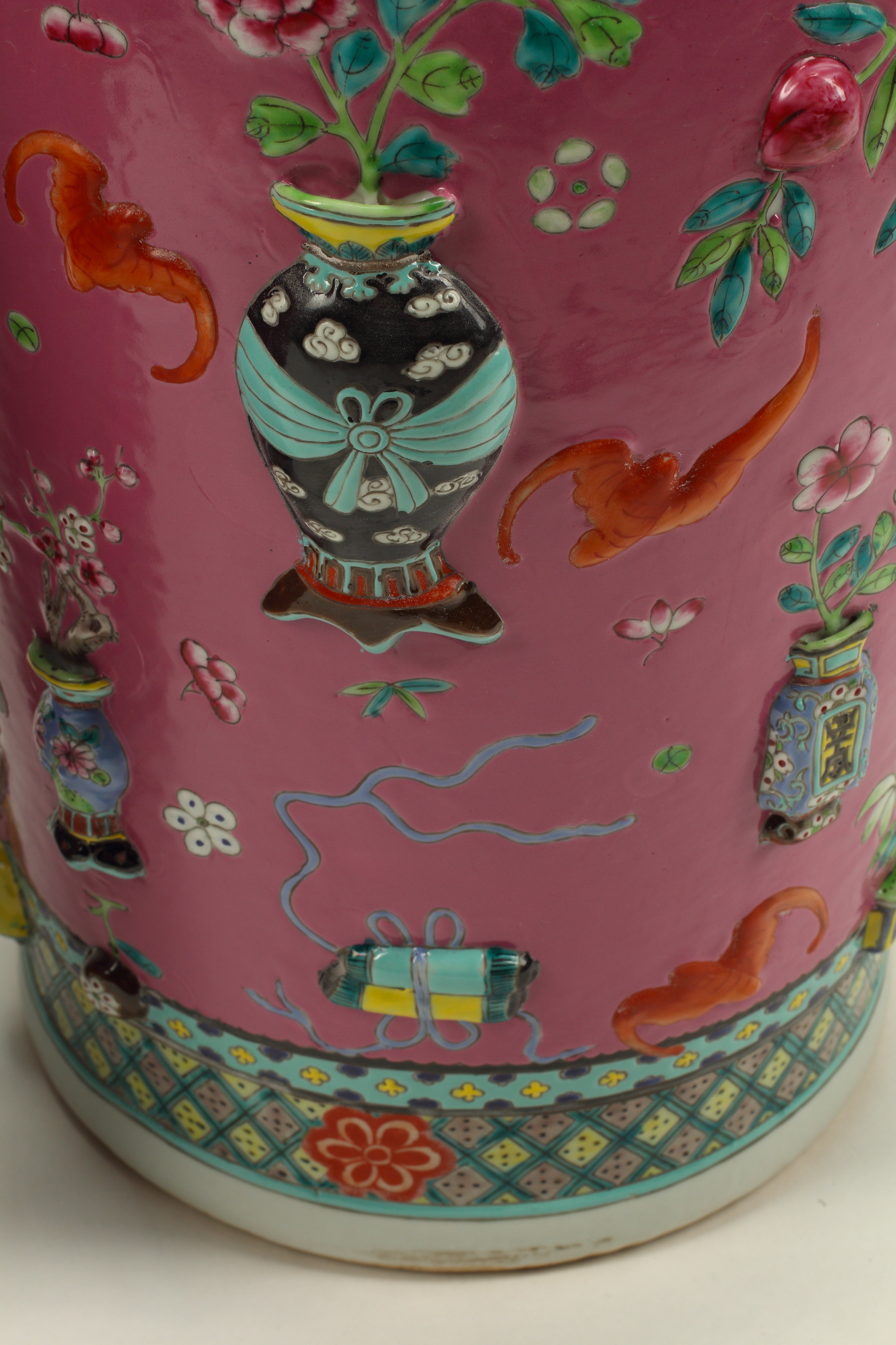 Pair of Pink Chinese Polychrome and Overlaid Porcelain Vases