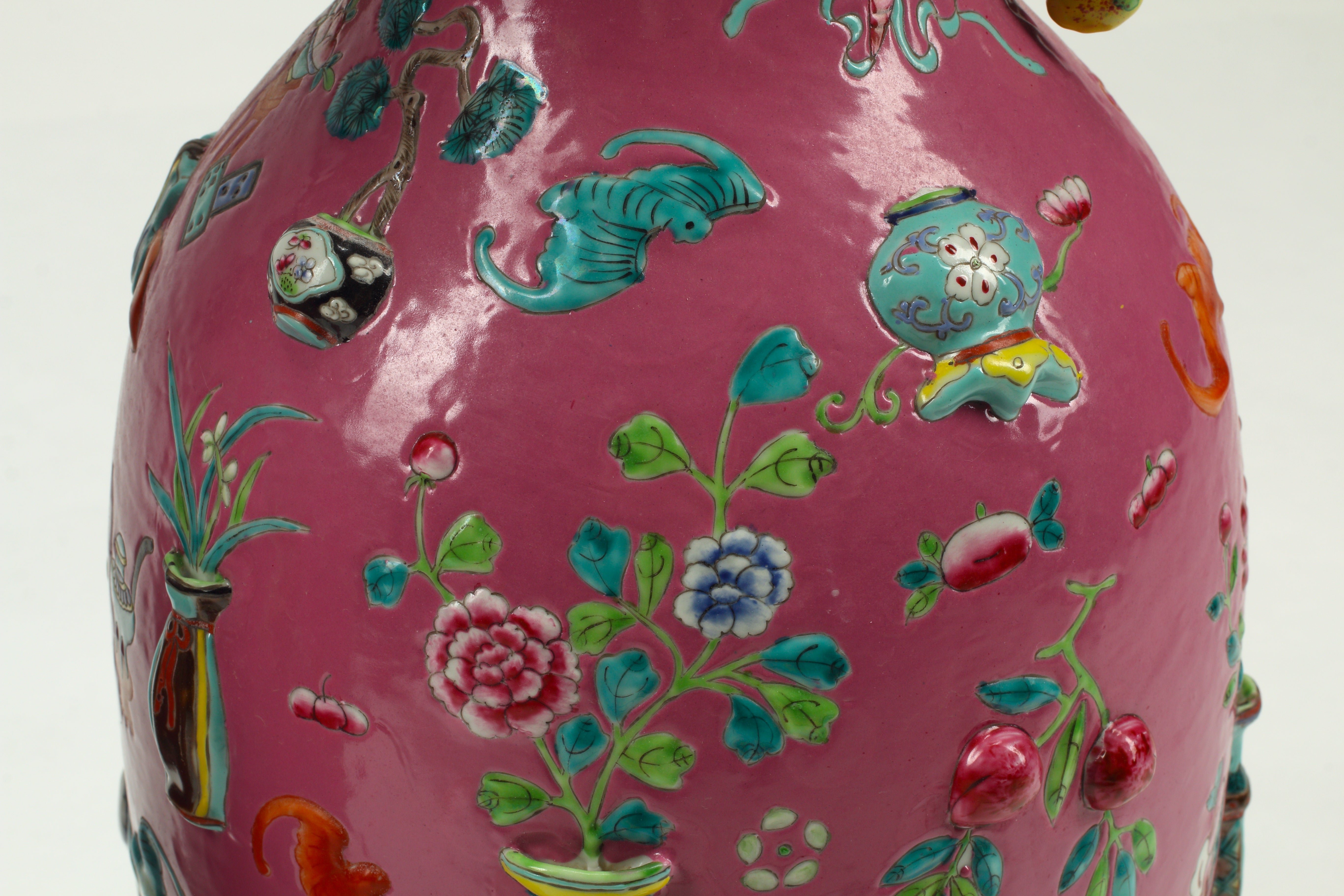 Pair of Pink Chinese Polychrome and Overlaid Porcelain Vases