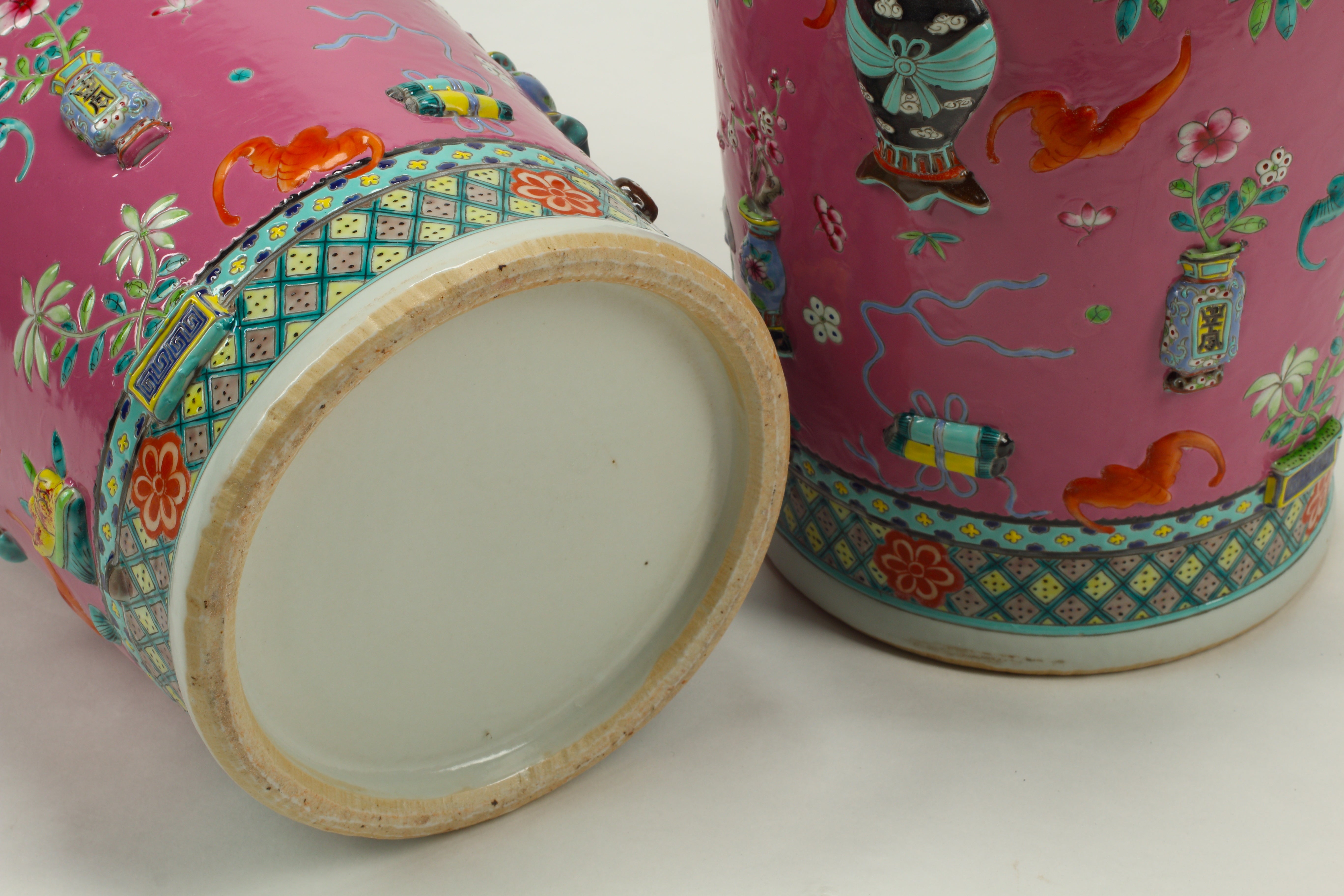 Pair of Pink Chinese Polychrome and Overlaid Porcelain Vases