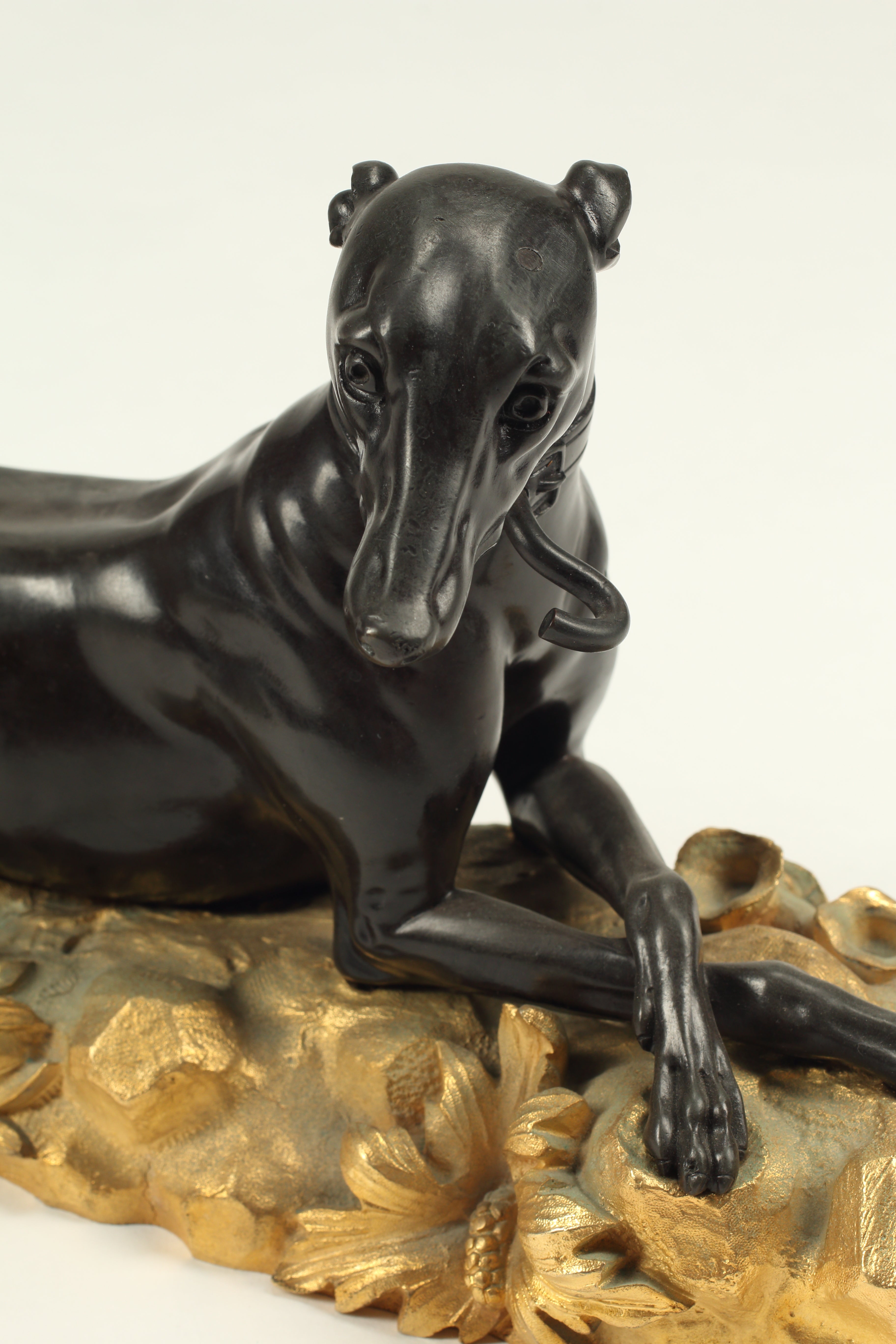 Pair of Ormolu and Patinated Bronze Chenets as Greyhounds, 19th Century French