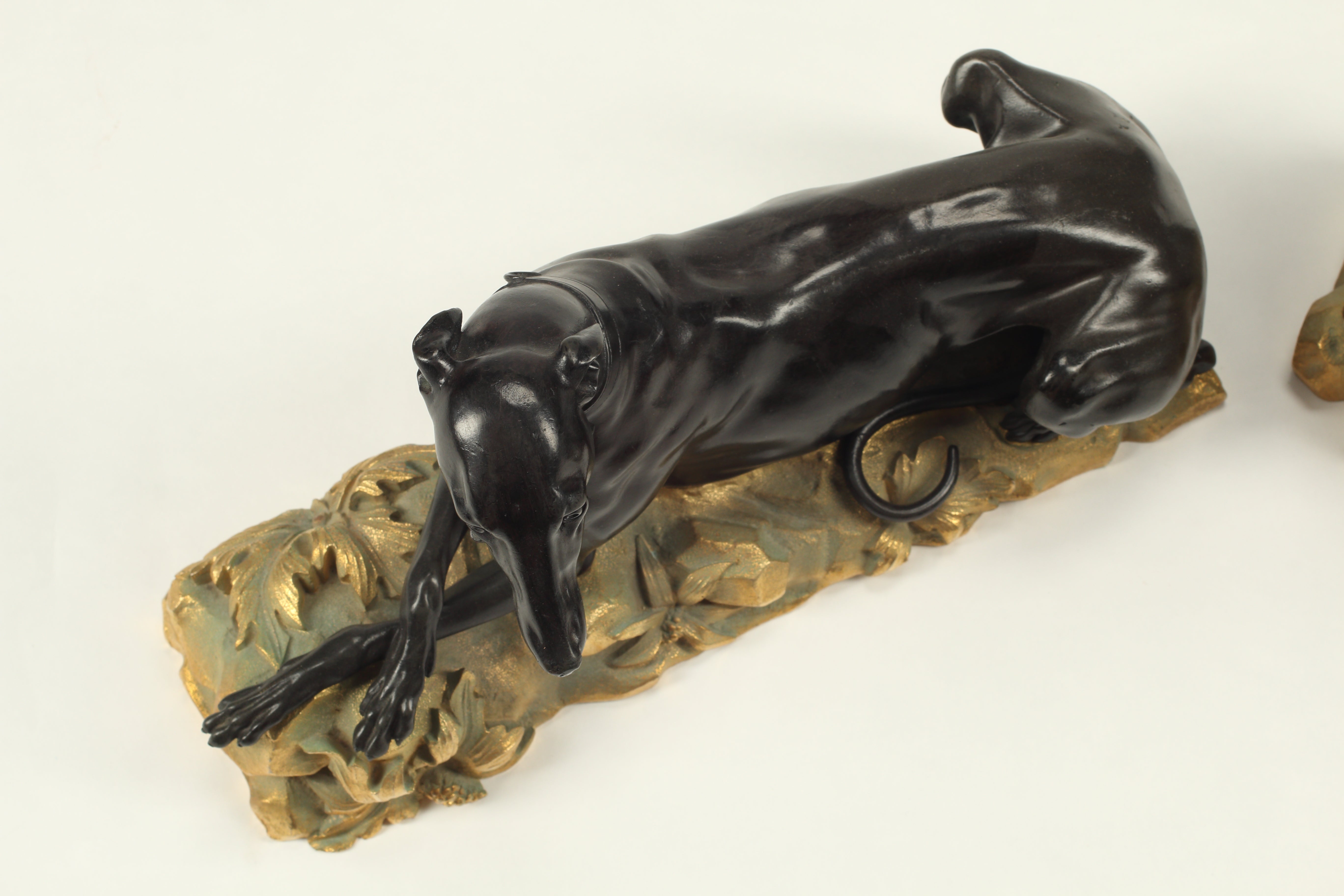 Pair of Ormolu and Patinated Bronze Chenets as Greyhounds, 19th Century French